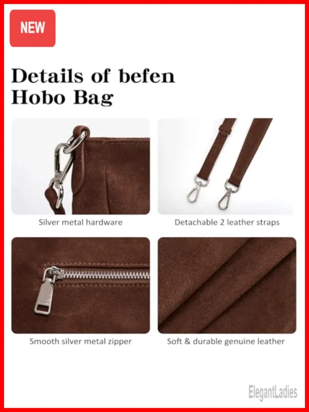 Genuine Suede Leather Hobo Bag with Crossbody Strap Shoulder Bag